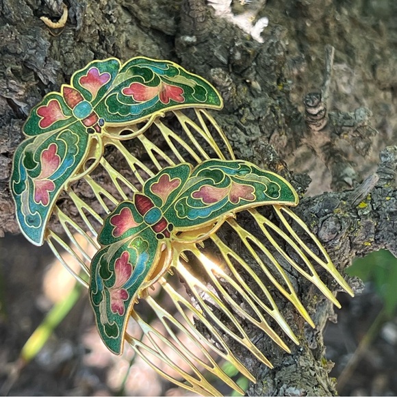 Vintage Cloisonné Butterfly Green Hair Comb Set - Picture 4 of 9